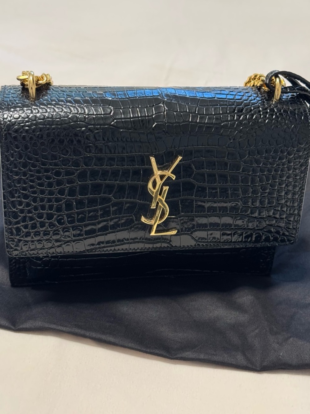 SAINT LAURENT YSL Medium Sunset Bag - Black Croc Embossed Leather with Gold HDW